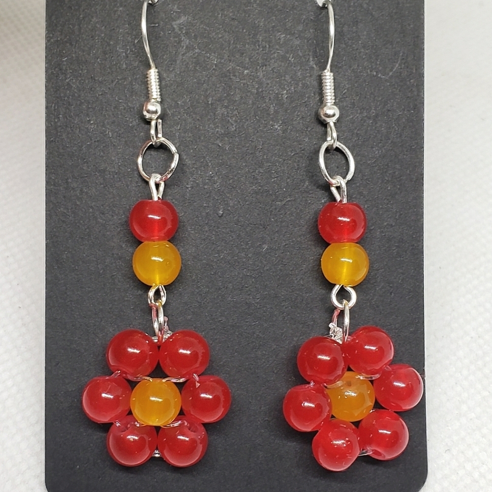 Handmade Red Orange Beaded Glass Flower Earrings